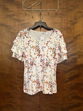 CATO Double Ruffle Sleeve Shirt Womens M White Floral Print Rayon Knit Top